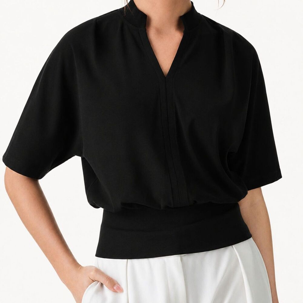 OGL Black Cotton Blend Stand Collar V-Neck Dolman Sleeve Top Size XS
